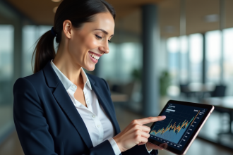 Femme professionnelle pointant une tablette avec graphique financier