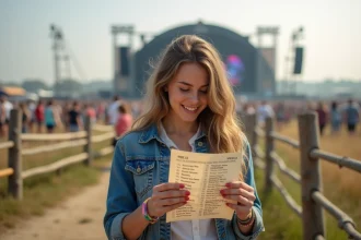 Jeune femme consultant le programme des Vieilles Charrues 2026 devant la scène principale du festival à Carhaix