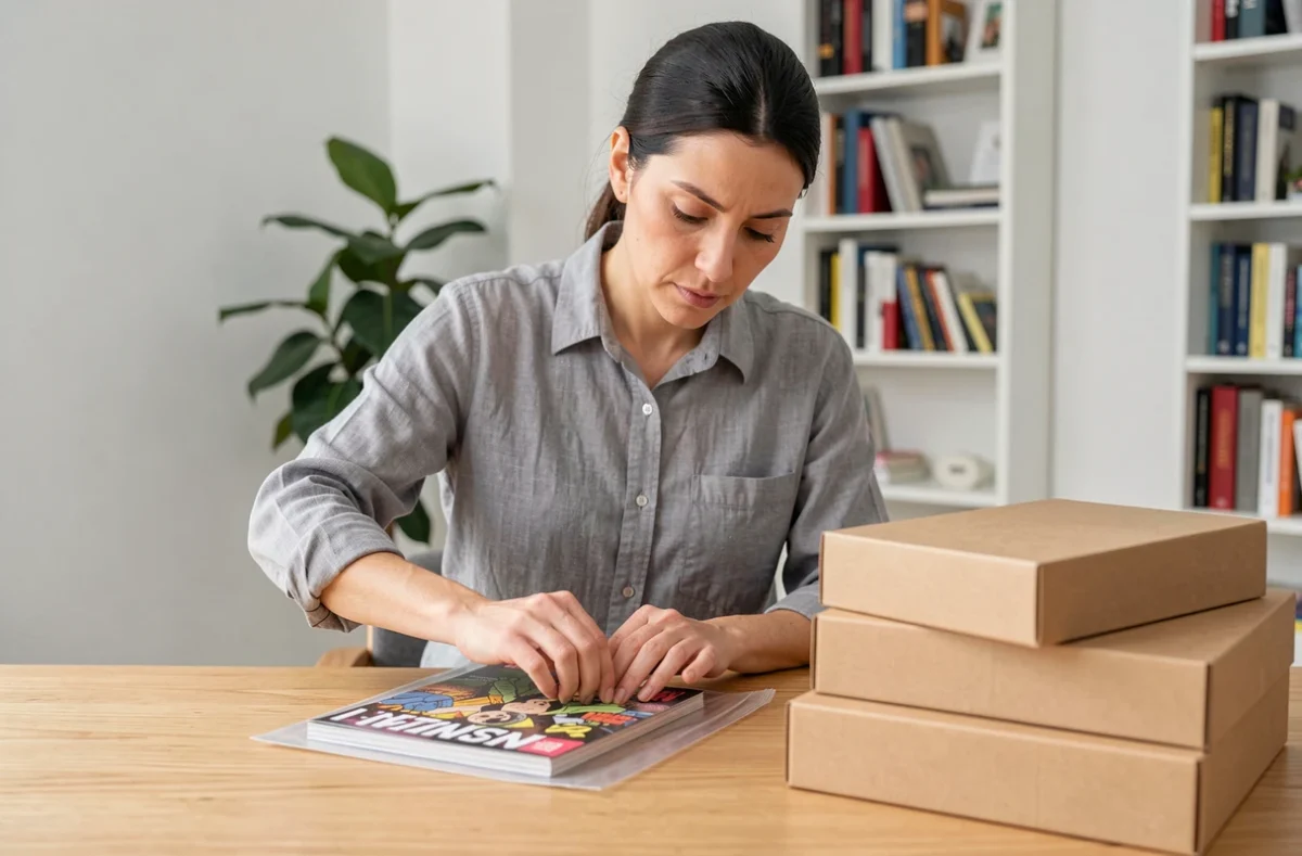 Femme rangeant soigneusement une bande dessinée dans une pochette de protection rigide sur un bureau en bois