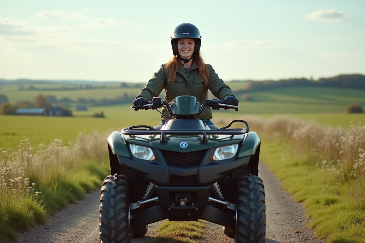 Femme en campagne sur un quad 125cc en pause