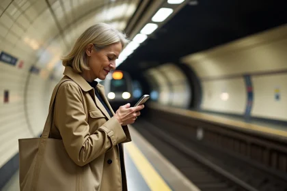 Femme attendant le métro parisien sur le quai avec son téléphone, station souterraine aux carreaux blancs typiques de Paris
