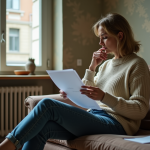 Femme d'âge moyen assise sur un canapé dans un intérieur modeste