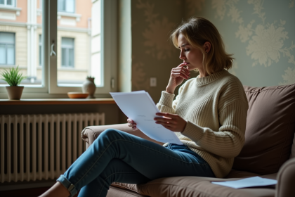 Femme d'âge moyen assise sur un canapé dans un intérieur modeste