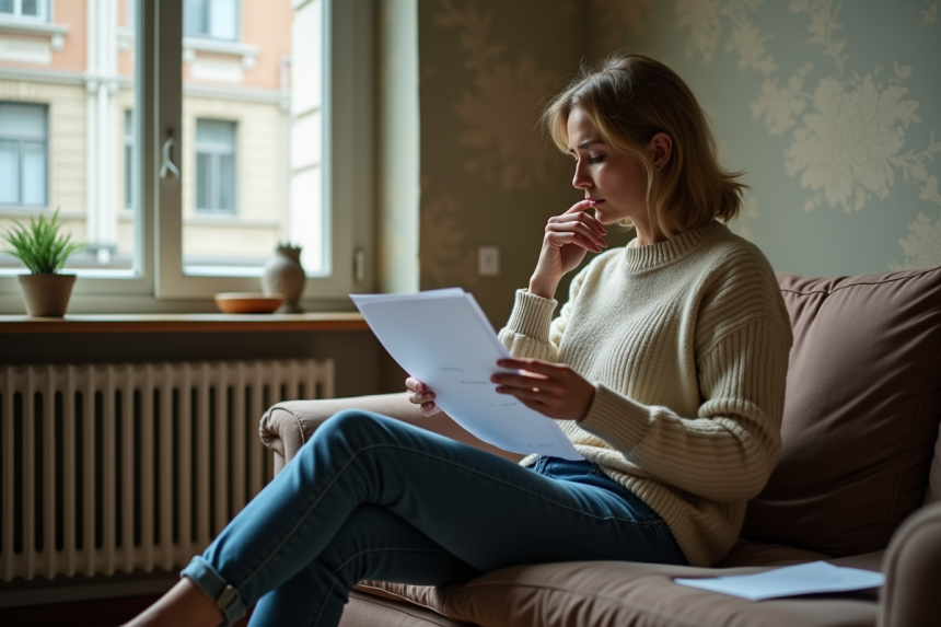 Femme d'âge moyen assise sur un canapé dans un intérieur modeste
