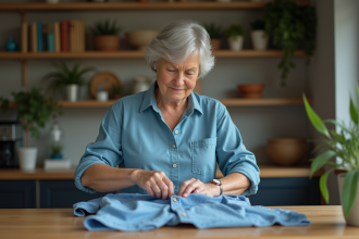 Femme pliant un t-shirt en coton bleu délavé à la maison
