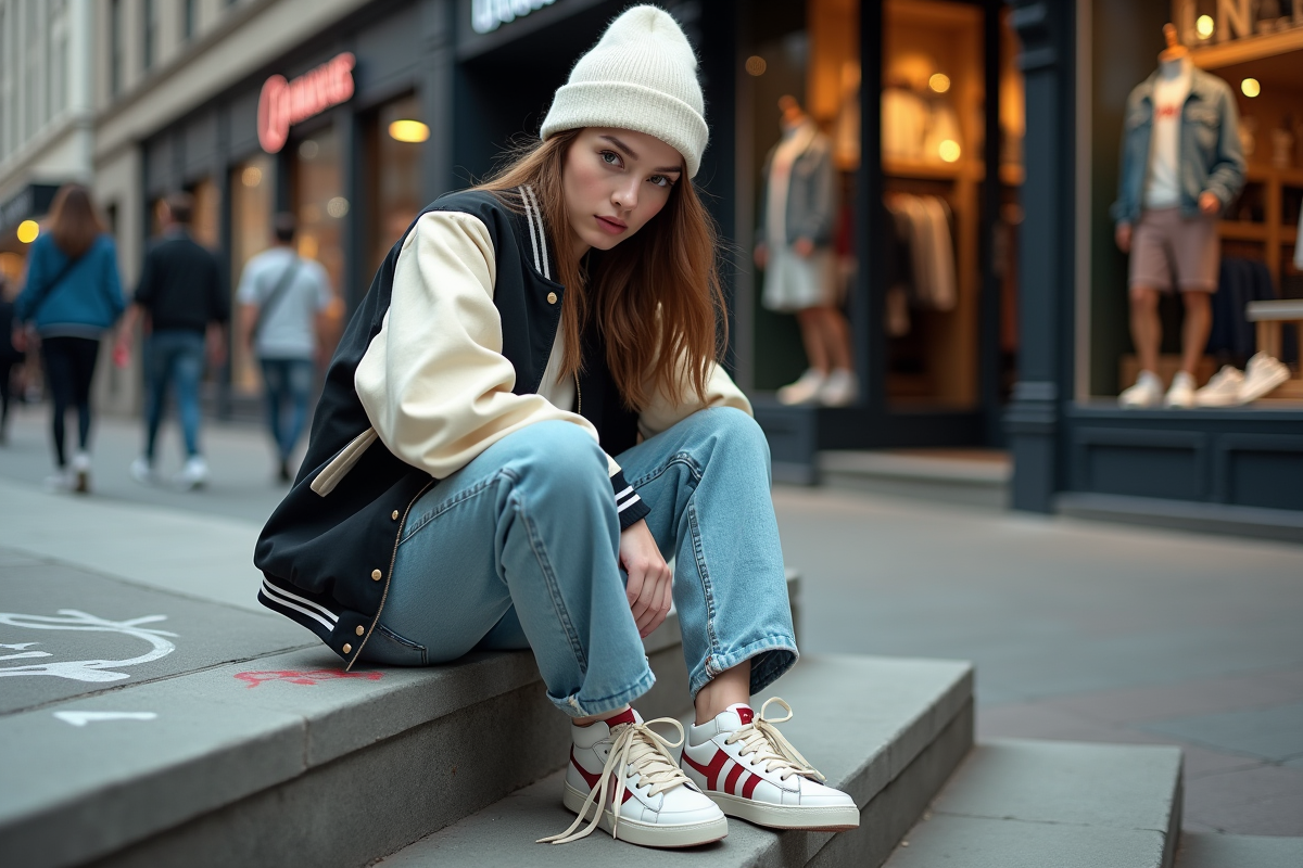 Jeune femme assise dehors en streetwear et sneakers