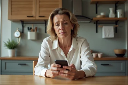 Femme d'âge moyen dans une cuisine moderne regardant son smartphone