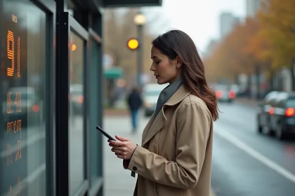 Femme consultant les horaires en temps réel du bus 91 sur son smartphone à un arrêt de bus urbain moderne