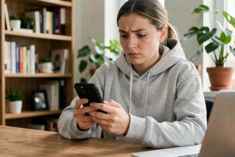 Femme jouant à Monopoly GO sur smartphone tout en vérifiant la sécurité des liens de dés gratuits