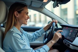 Femme souriante utilisant le système intelligent dans sa voiture