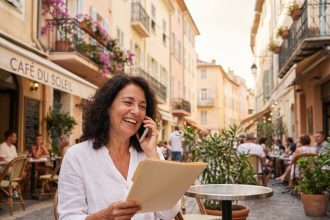 femme souriante sur la Côte d'Azur avec un paysage en arrière-plan