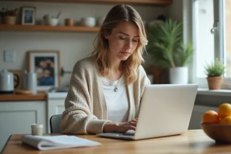 Femme assise à la cuisine remplissant un sondage en ligne