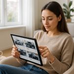 Jeune femme utilisant une tablette dans un salon lumineux