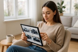 Jeune femme utilisant une tablette dans un salon lumineux