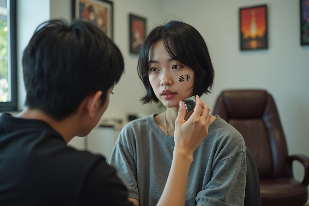 Jeune femme inspectant son tatouage du signe Gaara sur la tempe dans un salon de tatouage moderne