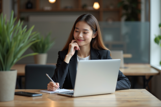 Jeune femme en bureau moderne travaillant en solo