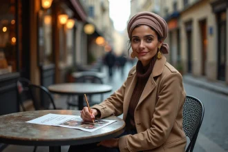 Femme tunisienne élégante dans un café parisien