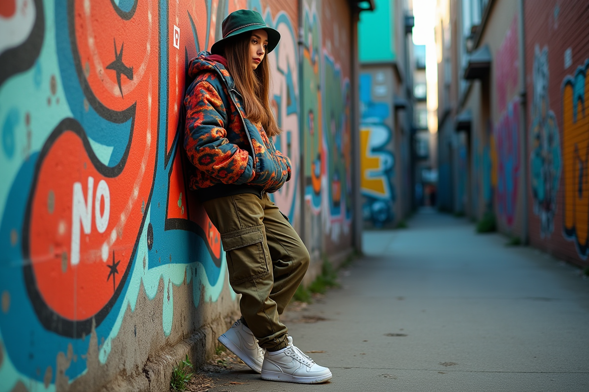 Femme en streetwear pose contre un mur graffiti en ville