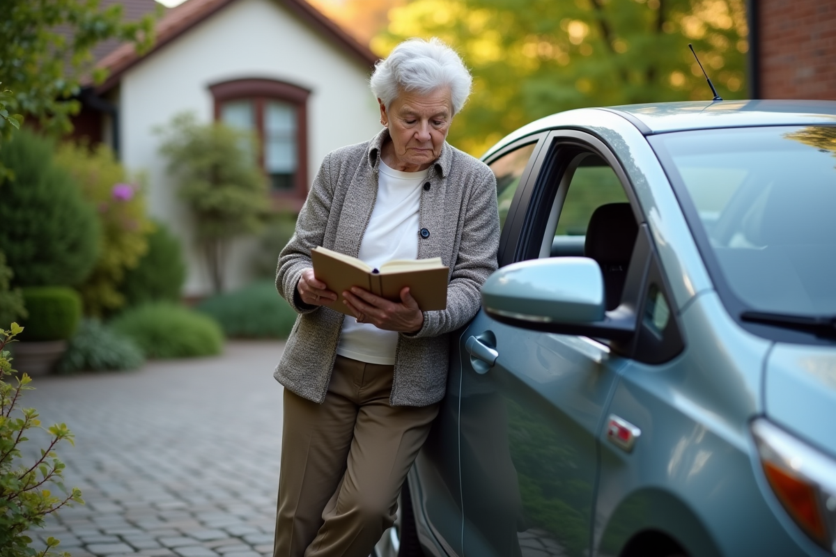 Femme âgée lisant un carnet de maintenance voiture hybride
