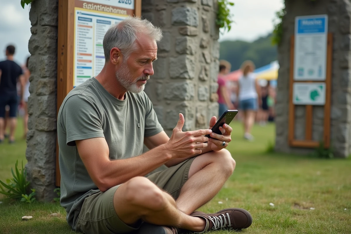Festivalier consultant l'application mobile de la programmation 2026 des Vieilles Charrues assis dans l'herbe
