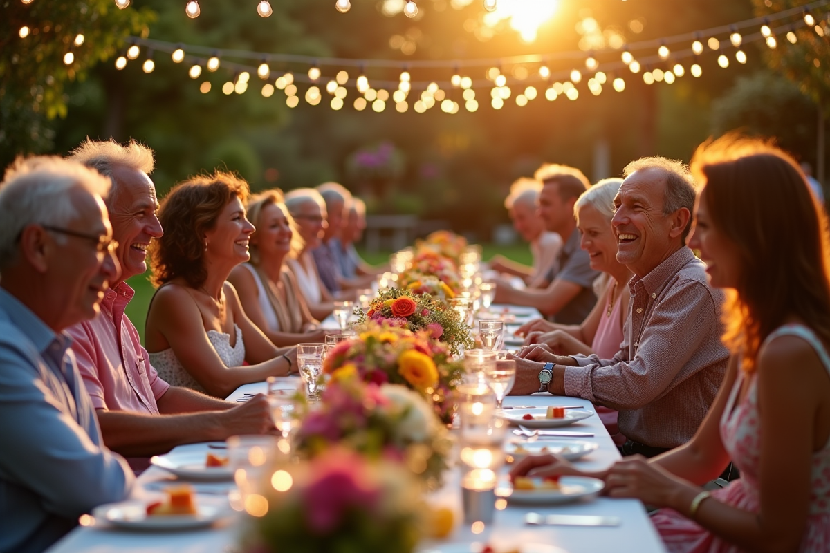Fête en plein air pour un anniversaire de mariage avec famille