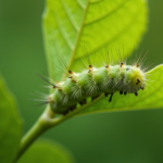 Feuille de pommier avec chenille en gros plan