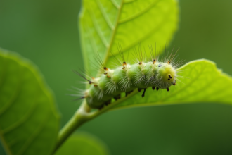 Feuille de pommier avec chenille en gros plan