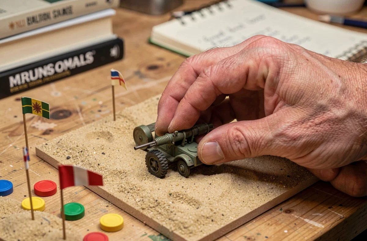 Gros plan de mains masculines positionnant une figurine militaire en métal sur un diorama tactique de sable