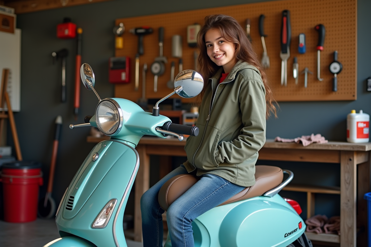 Fille examine son scooter dans un garage pratique et bien rangé