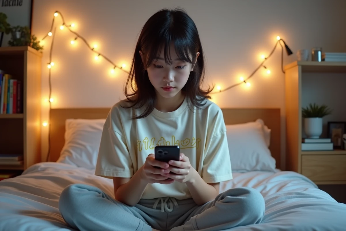 Adolescente consultant un site de scan manga sur smartphone avec une expression perplexe dans sa chambre