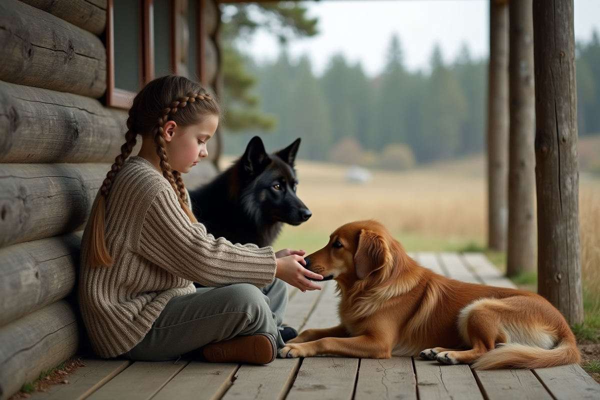 Jeune fille avec chien et loup sur la terrasse rurale