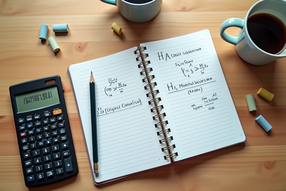 Vue de dessus d'un bureau avec calculatrice et notes de conversion hectares en mètres carrés