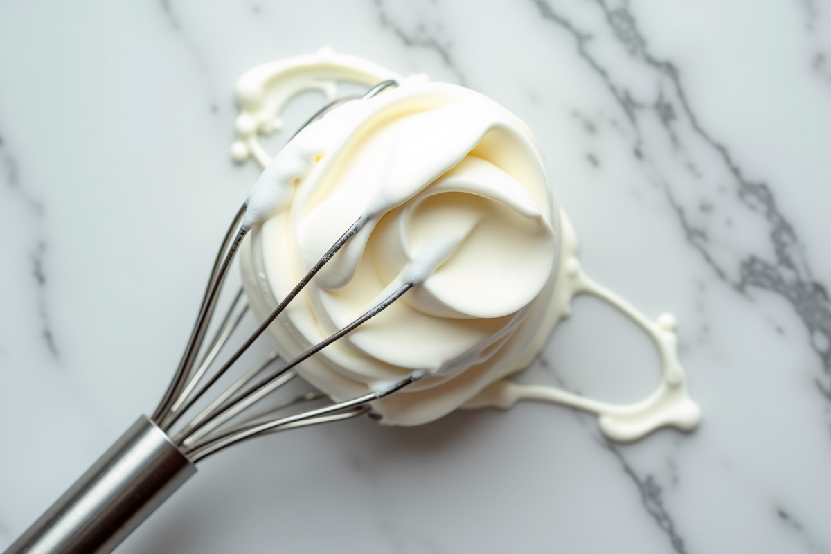 Fouet en acier inoxydable avec creme fouettee sur surface marbre brillante