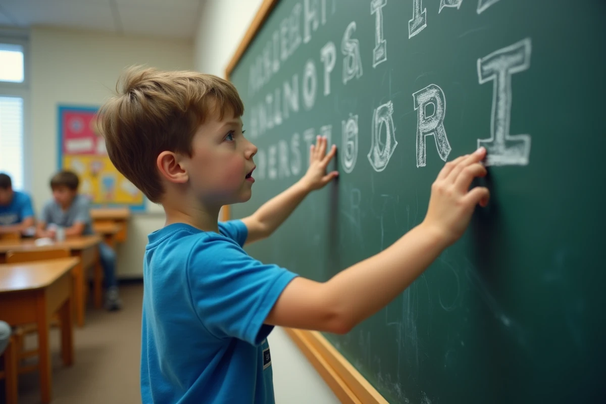 Garçon curieux pointant les lettres de l
