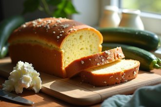 Gâteau de courgette et chèvre tranché sur planche en bois