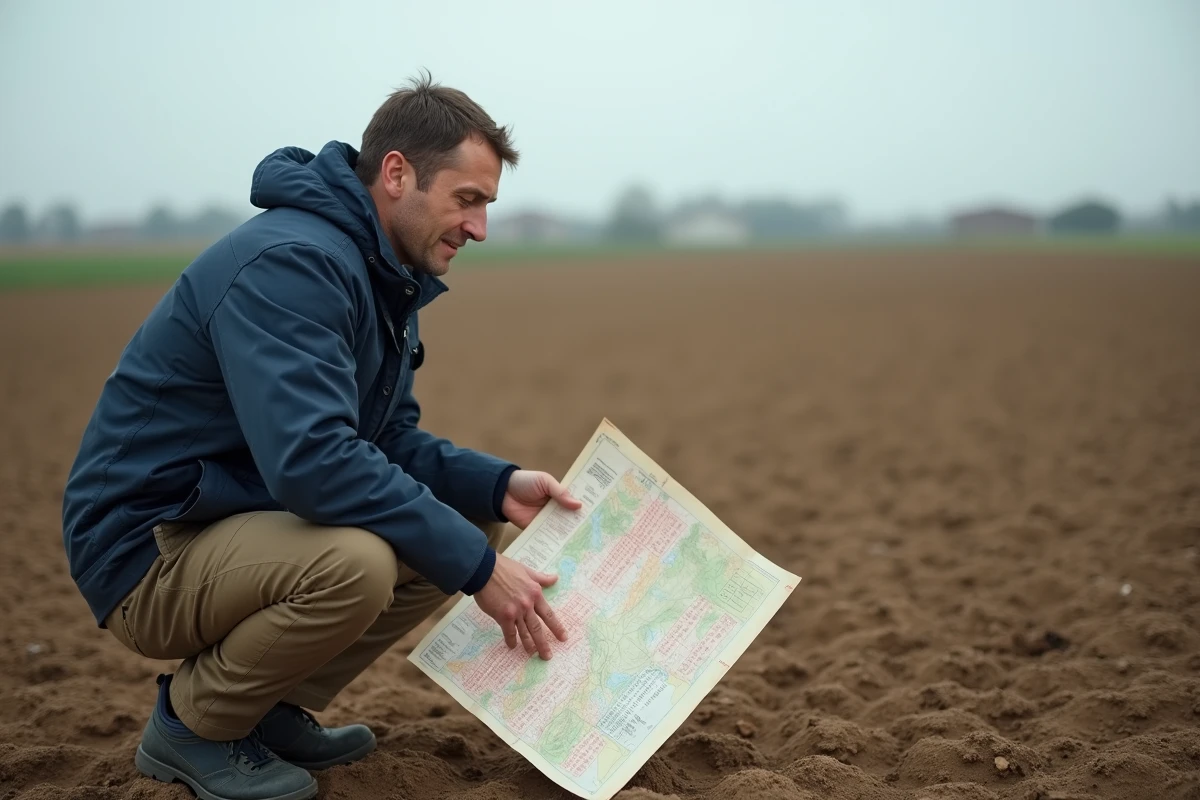 Géomètre sur le terrain consultant une carte avec des conversions hectares en m2 annotées
