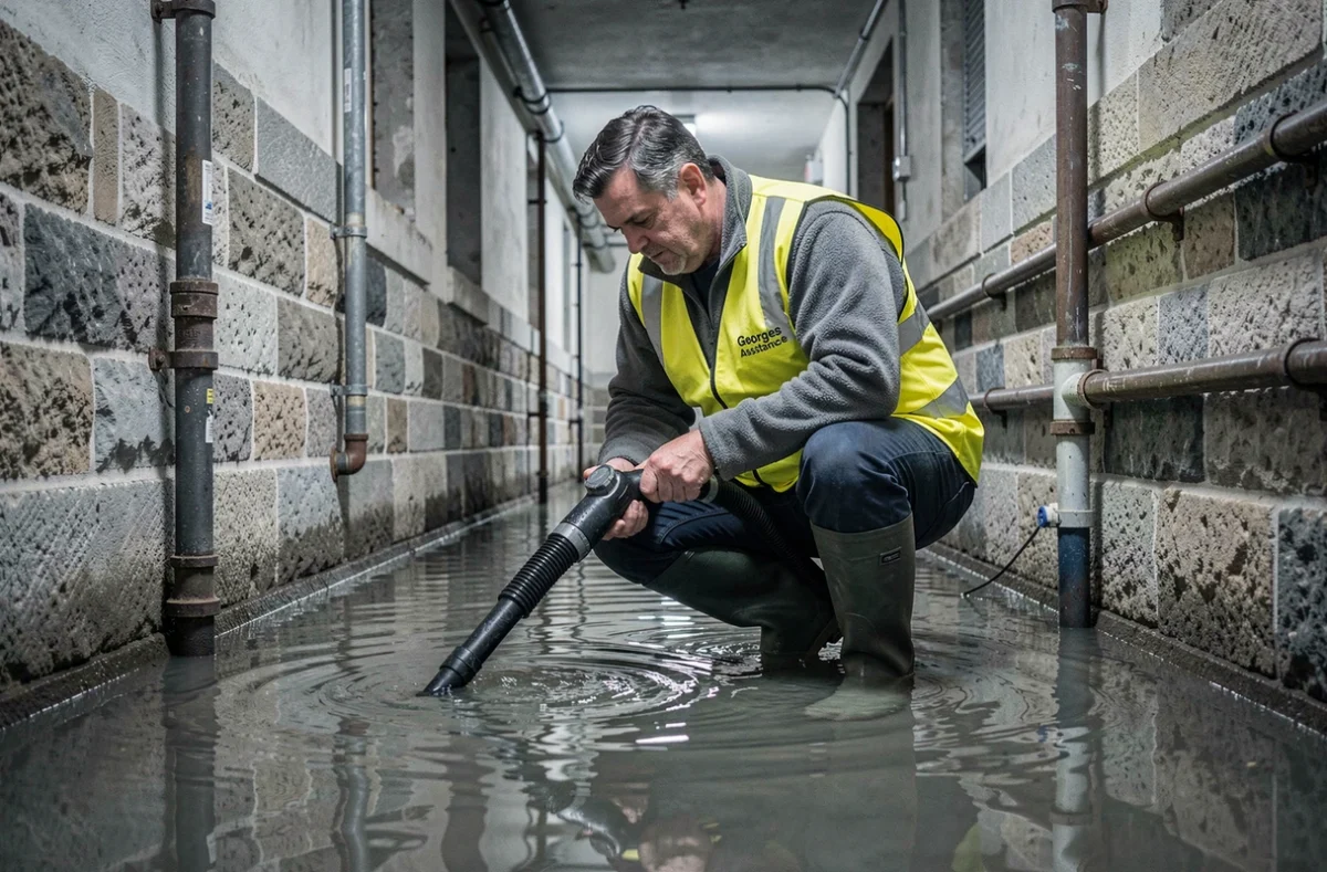 Technicien Georges Assistances intervenant dans une cave inondée d'un immeuble lyonnais