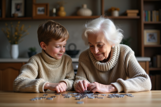 Une grand-mère et un enfant jouant au puzzle dans la cuisine
