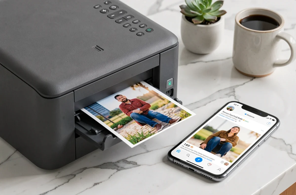 Gros plan d'une imprimante photo portable couleur sur un comptoir en marbre éjectant une photo brillante avec un smartphone affichant la même image à côté
