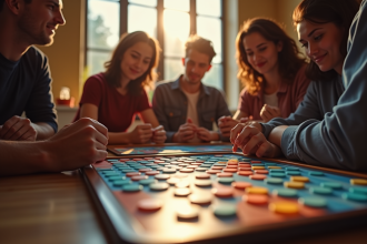 Groupe d'amis jouant à Azul sur une tablette moderne