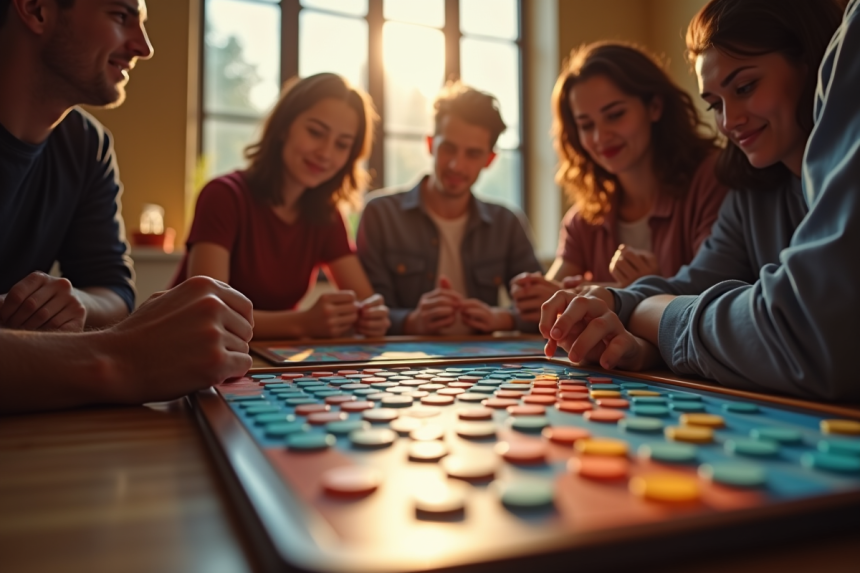 Groupe d'amis jouant à Azul sur une tablette moderne