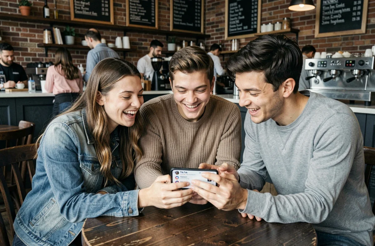 Groupe d'amis regardant ensemble TikTok sur un smartphone dans un café urbain
