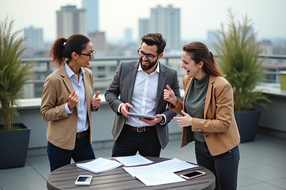 Groupe de trois personnes en brainstorming en extérieur