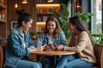 Groupe de jeunes adultes dans un café moderne et chaleureux