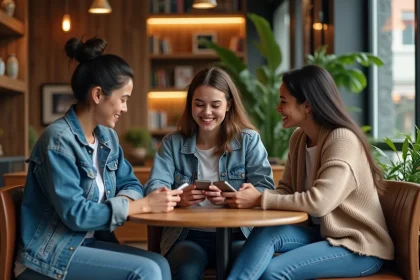 Groupe de jeunes adultes dans un café moderne et chaleureux