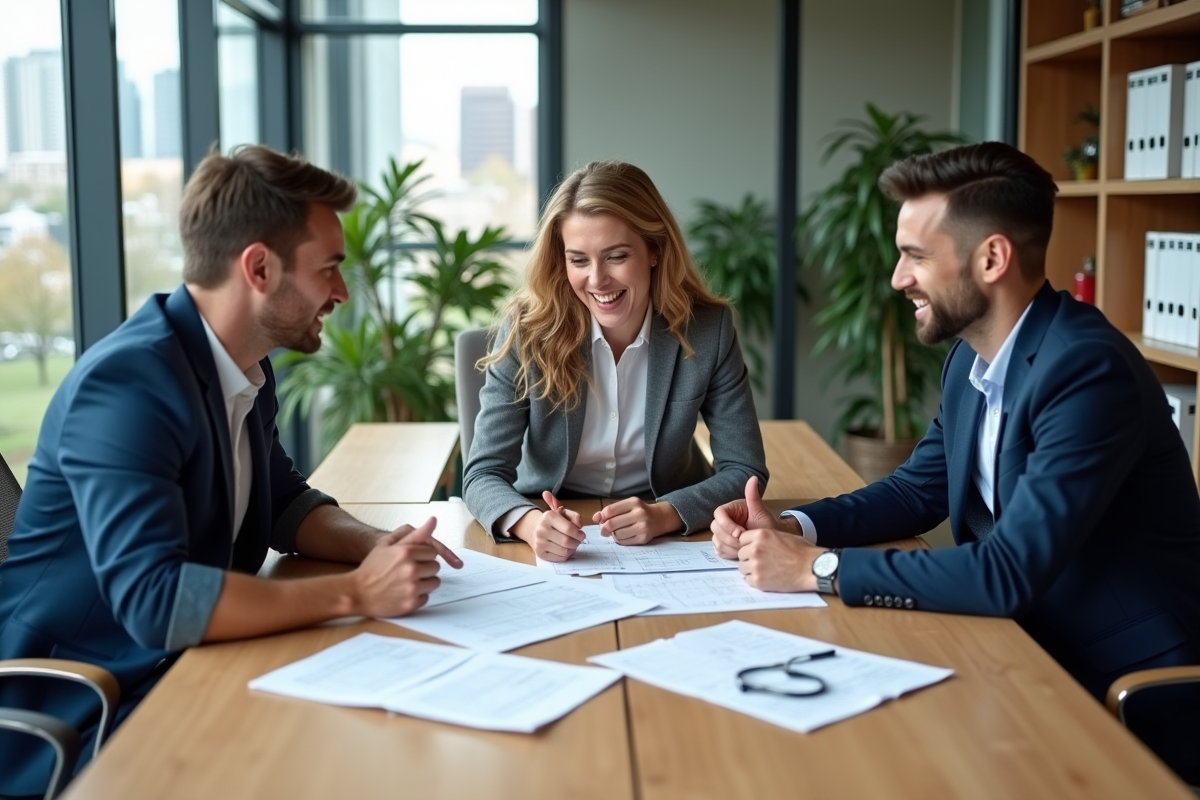 Groupe de collègues en réunion brainstorming dans une salle lumineuse