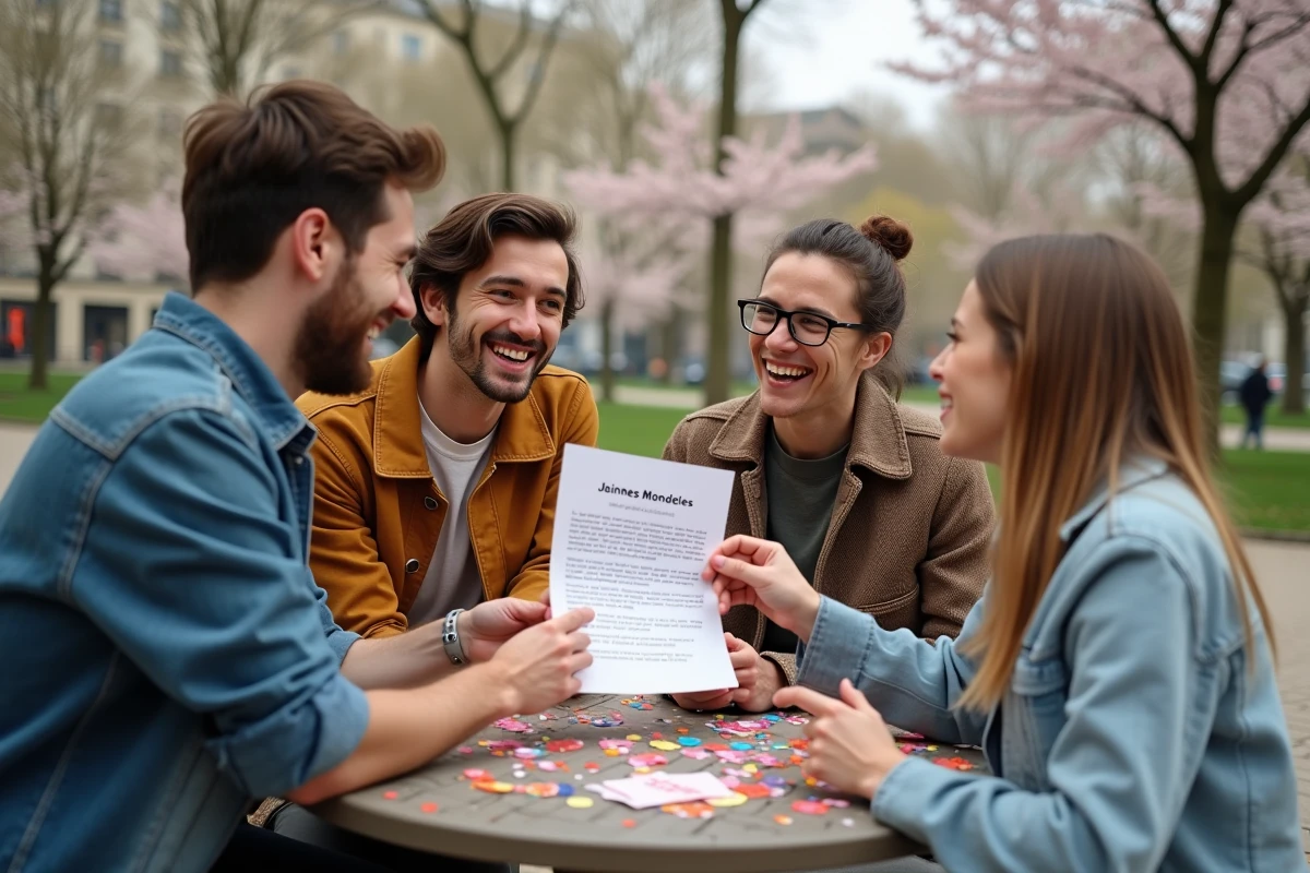 Groupe de quatre jeunes discutant dans un parc ensoleille