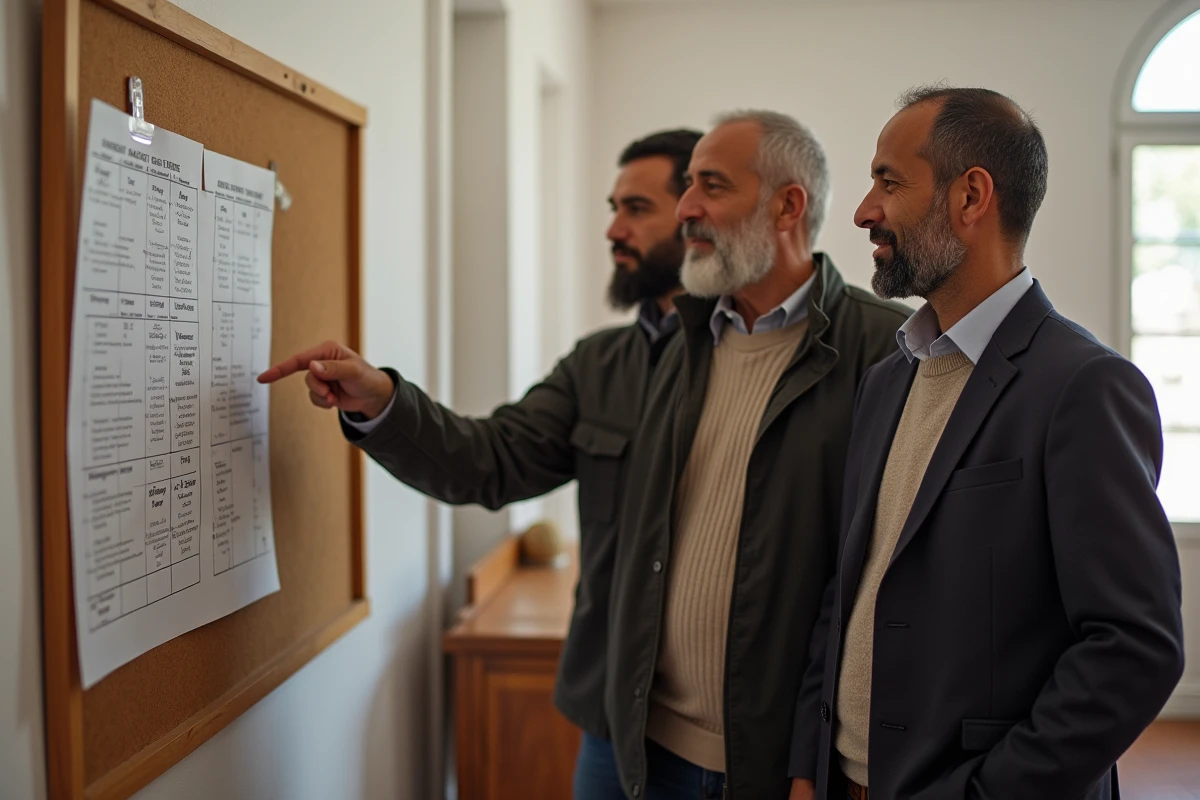 Groupe d'hommes consultant un calendrier des horaires de prière dans une salle communautaire à Nîmes