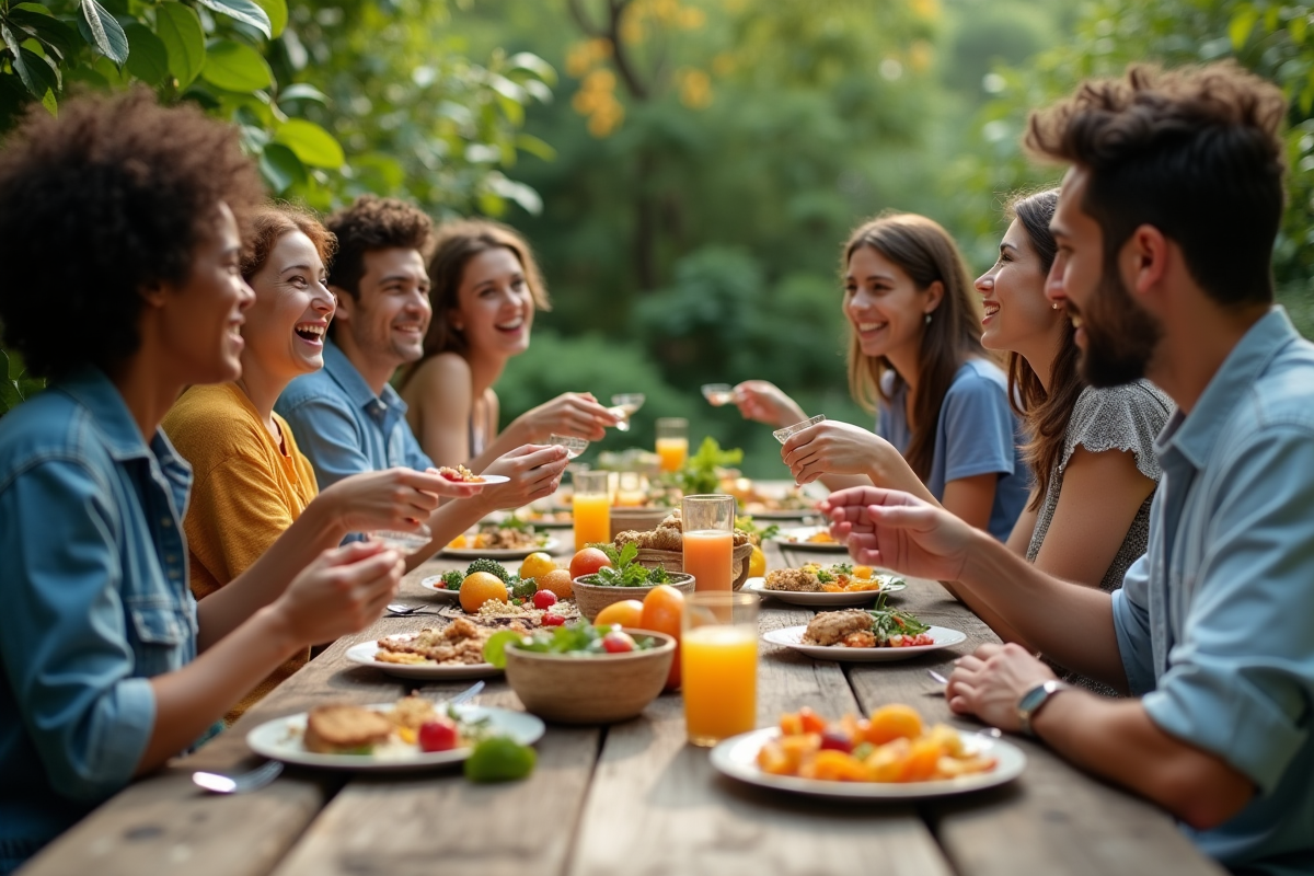 Groupe de jeunes partageant un repas en extérieur dans un jardin