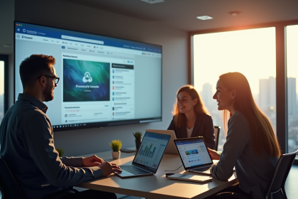 Groupe de personnes collaborant autour d'un bureau moderne pour un forum